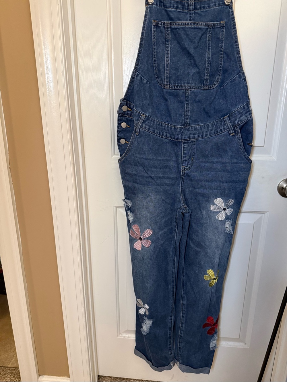 Embroidered Blue Denim Floral Overalls Jumpsuit